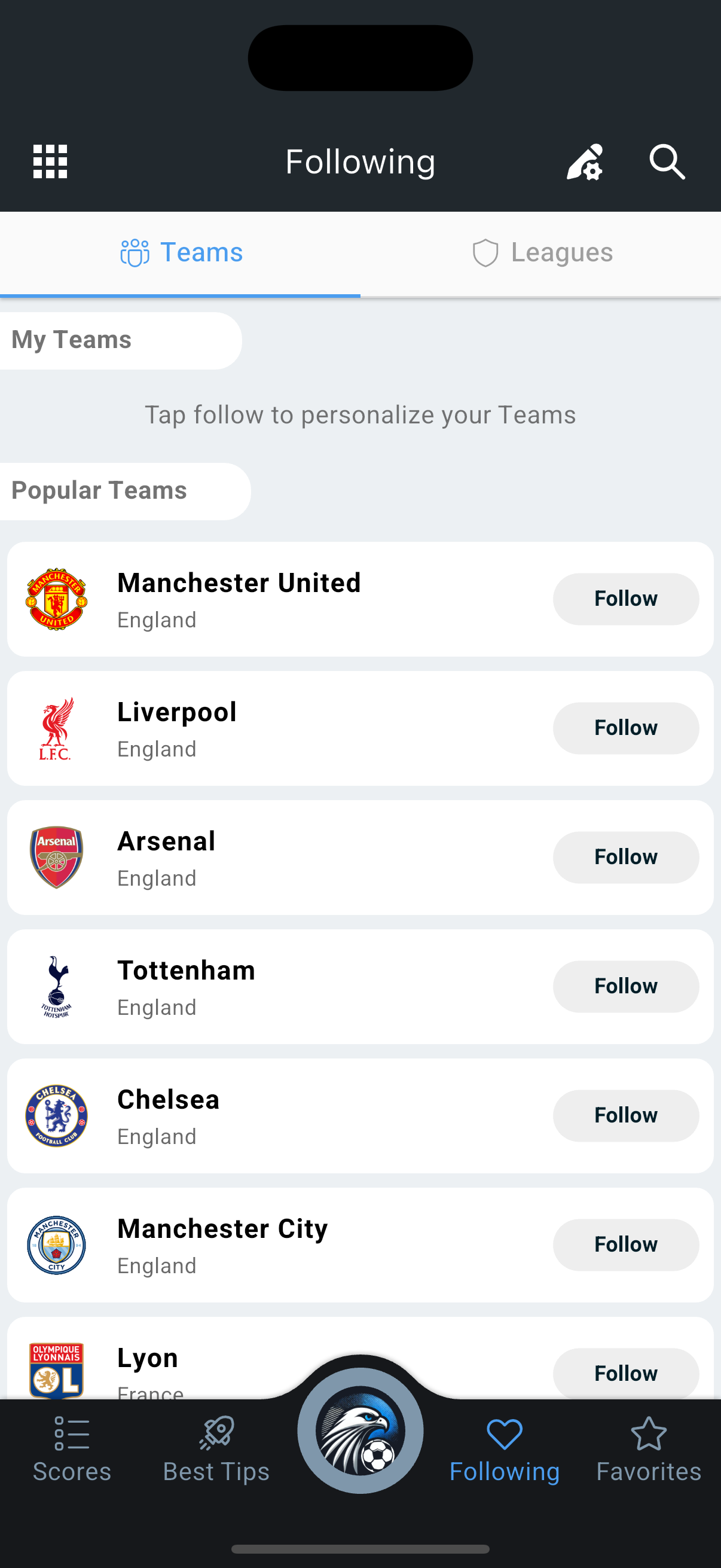 FalconScores Following tab listing saved teams and leagues