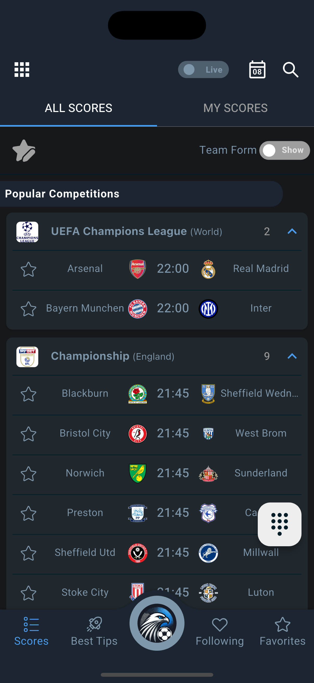 FalconScores live scores home screen, dark theme, showing competitions grouped by country