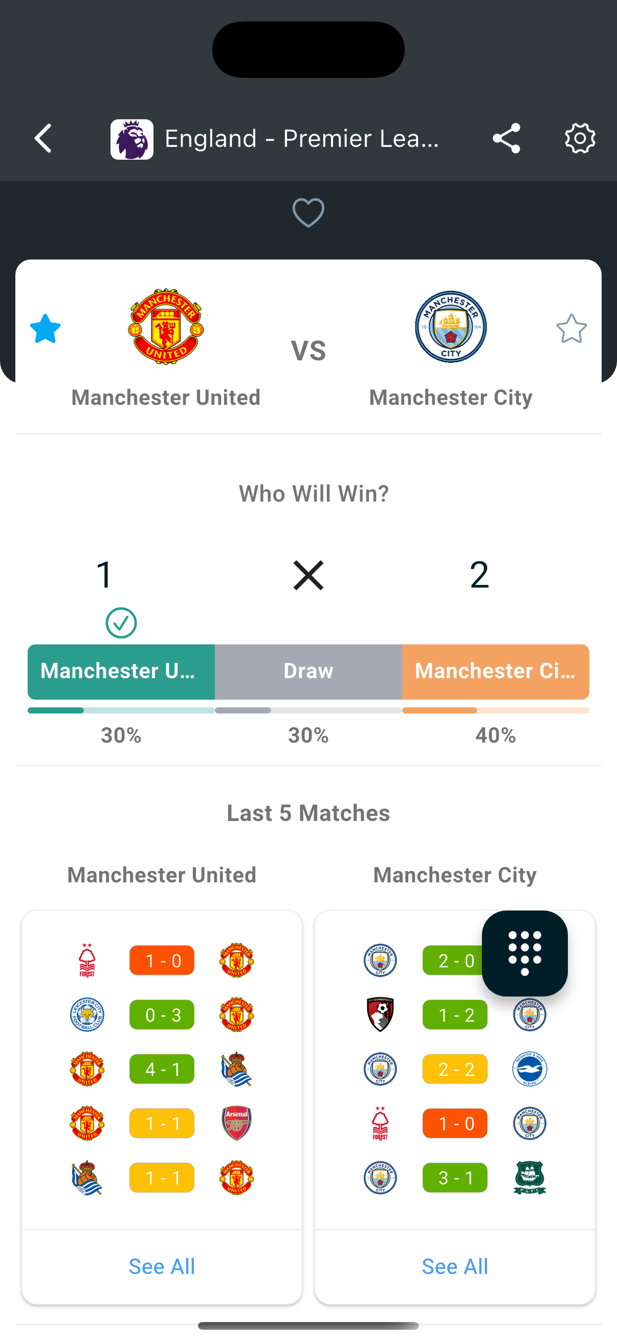 FalconScores app free 1X2 predictions screen