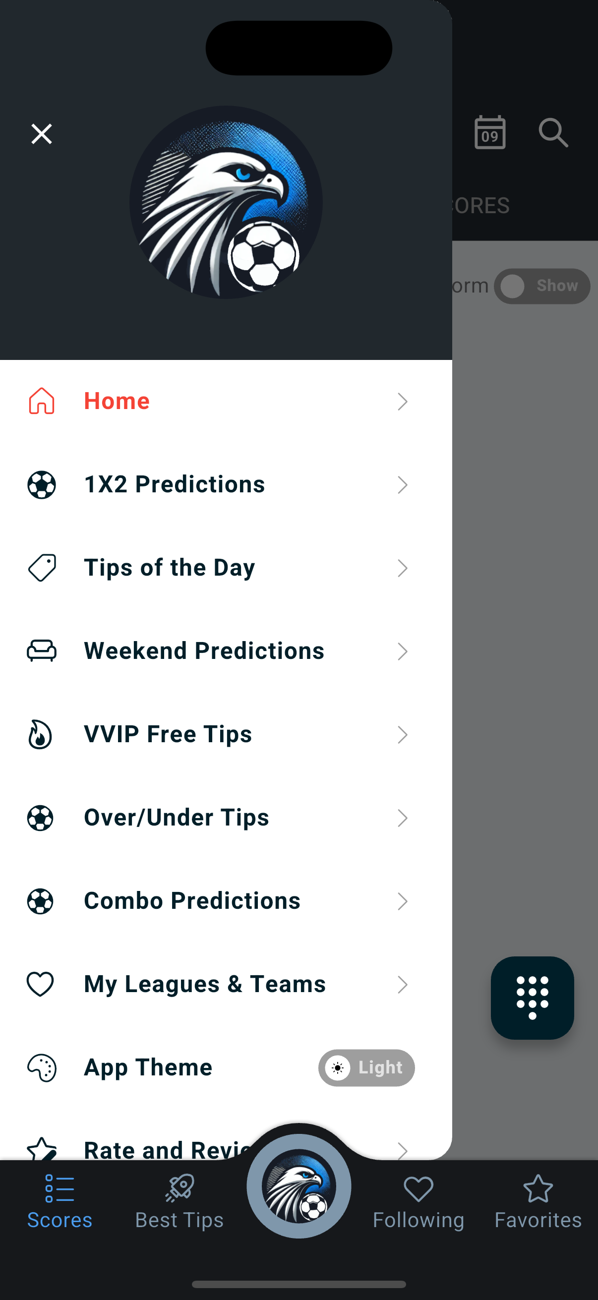 FalconScores app navigation menu